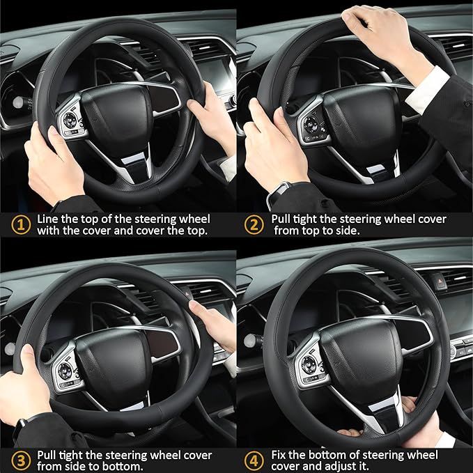 Thin Slim Car Steering Wheel Cover, Universal 14.5-15 inch Nappa Leather Steering Wheel Cover, Ultra Thin, Anti-Slip, Breathable(Black-Standard Size)