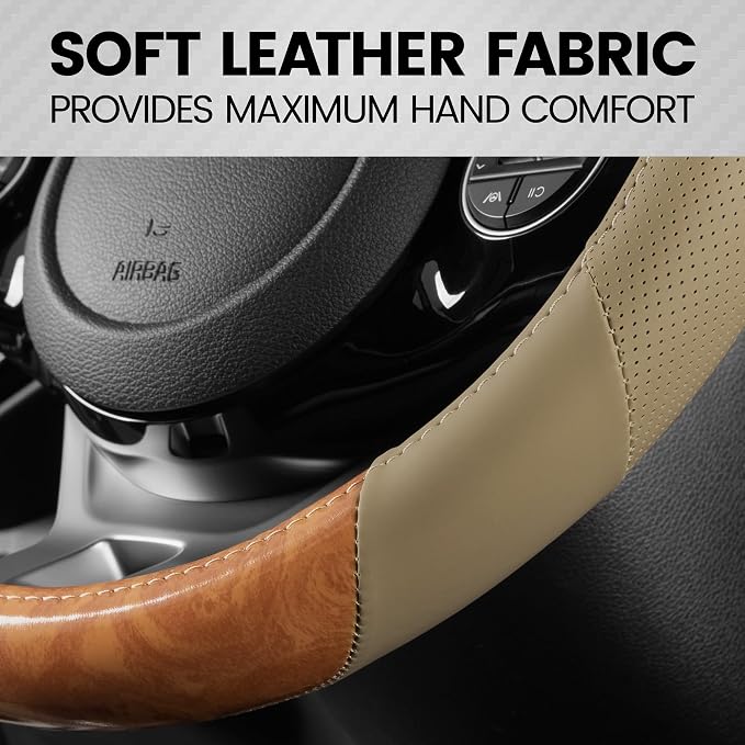 BurlwoodLux Wood Grain and PU Leather Beige Steering Wheel Cover - Sport Grip for Car Auto SUV Trucks