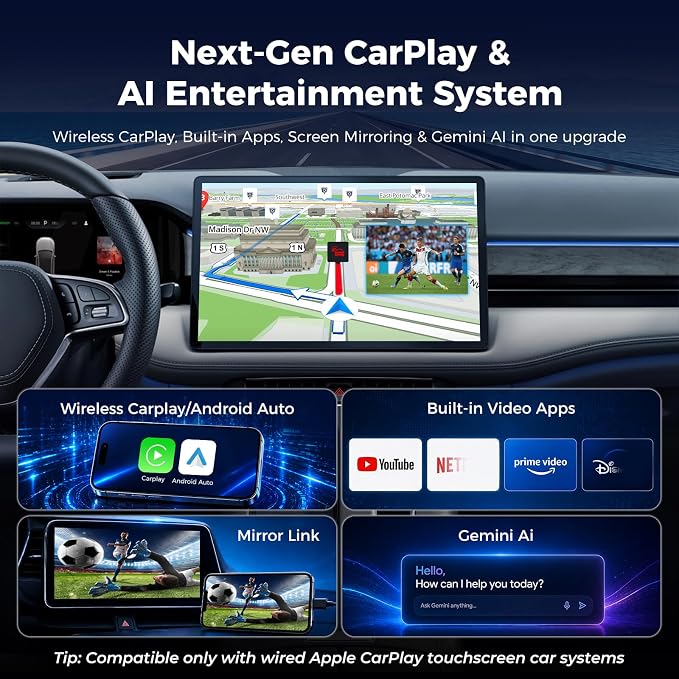 LAMTTO Wireless CarPlay and Android Auto Adapter with Gemini AI,4-in-1 Magic AI Box Video Player for YouTube TikTok, Dual WiFi,HD Media Port,USB Drive,Mirror Link for OEM Wired Carplay Cars 2016-2024