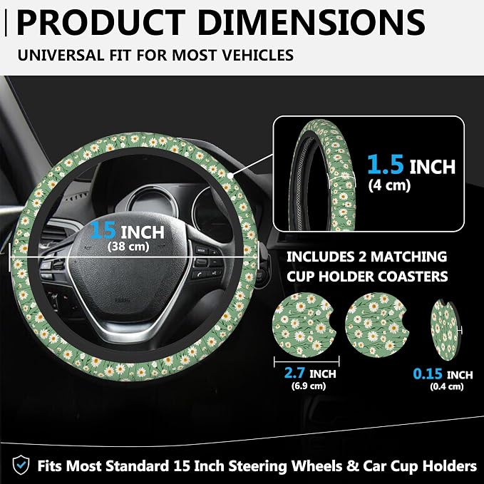 White Daisy Flower Steering Wheel Cover for Women, Anti-Slip Sage Green Car Steering Wheel Cover with 2 Pcs Cup Holders Neoprene Breathable Car Accessories Universal 15 Inch Auto Interior Decor