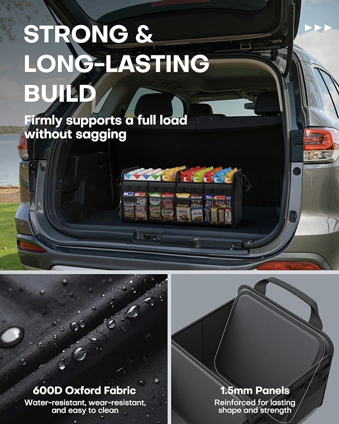 Tactical Car Trunk Organizer - Foldable Trunk Organizer for SUV with Front MOLLE Pocket & Reflective Strips, Essential Car Accessories for Tools & Outdoor Storage, 15.0" x 23.6" x 11.0", Black