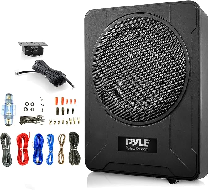 Pyle PLBX8A 8 600 Watt Peak Power Low-Profile Compact Enclosed Low & High Level Inputs Active Amplified Under Seat Car Subwoofer System Bundle Combo with 8 Gauge Wiring Installation Kit