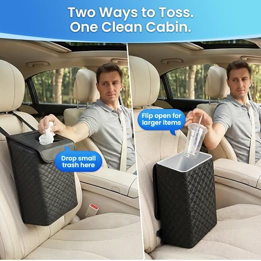 Car Trash Can with Lid, Leather Garbage Can, Leakproof and Removable Interior Liner, Multipurpose Hanging Garbage Bin with Quick Access Magnetic Opening, Trash Bin for Car (2 Gallon/7.5L)