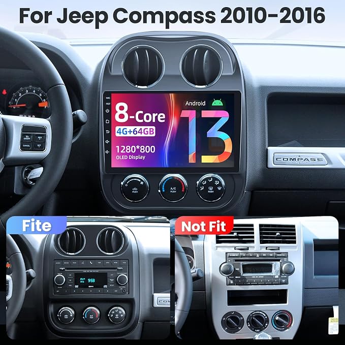 [8core 4+64G] Android 13 Car Radio Stereo for Jeep Patriot Compass 2010-2016: Upgrade 1280 * 800 Touchscreen Replacement with Bluetooth5.0 Backup Camera Wireless CarPlay Android Auto 5GWIFI AM FM RDS