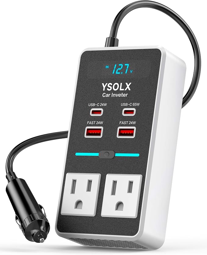 300W 12V to 110V Car Power Inverter, with Dual USB-A 24W and USB-C 65W, Dual AC Car Plug Adapter Outlet and Equipped with a Display Screen.Suitable for car Trips, Camping,Charging laptops