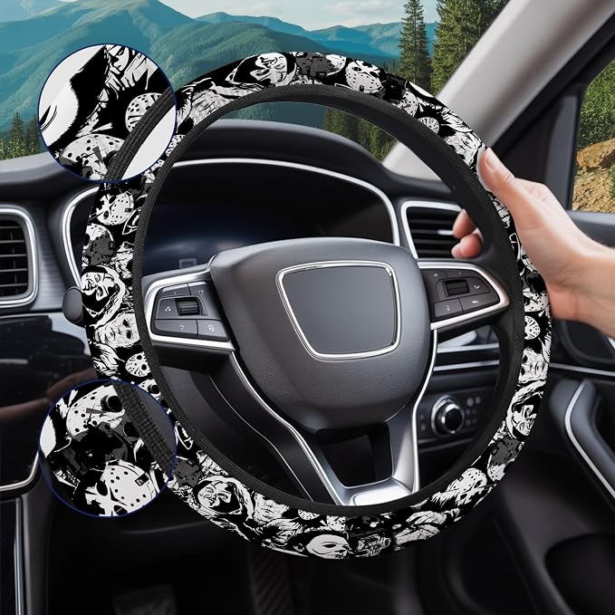 Black White Horror Steering Wheel Cover, Polyester Non-Slip Car Wheel Grip, Universal 15 Inch Auto Accessory