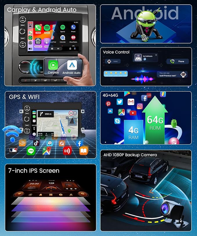 8Core 4G 64G Radio for Ford F150 F250 F350 Fusion Edge Explorer Expedition Car Stereo,7inch 1080P HD IPS Touchscreen,5.0 Bluetooth,Wireless Carplay Android Auto,DSP GPS WiFi FM/RDS AHD Backup Camera