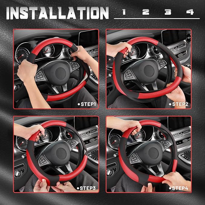Car Steering Wheel Cover Universal Standard Size 14.5-15 inch, Black and Red Microfiber Leather