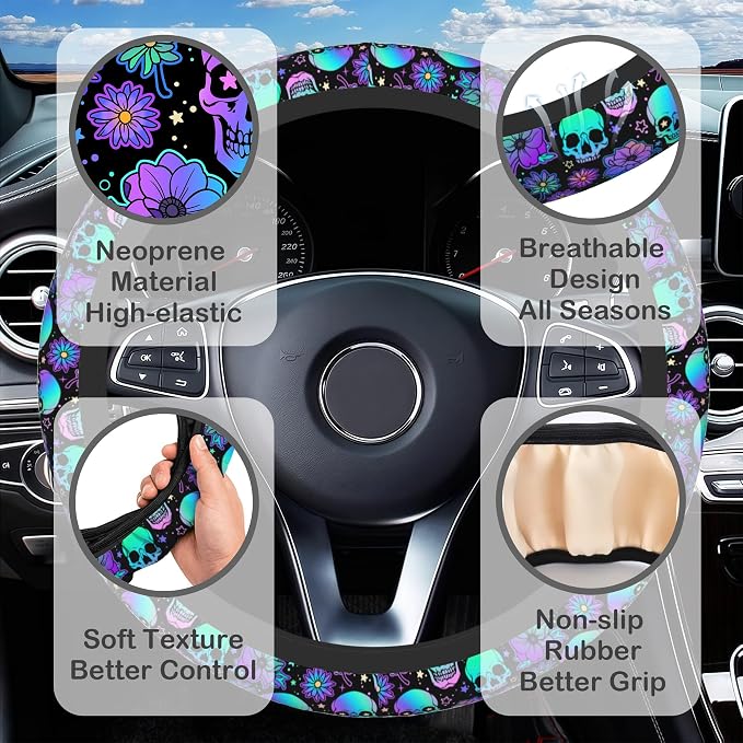 Neon Skull and Flower Steering Wheel Cover with 2 Pcs Car Coasters Neoprene Steering Wheel Cover for Women Men Anti-Slip Breathable Car Accessories Universal 15 Inch Fit Auto Cars Trucks
