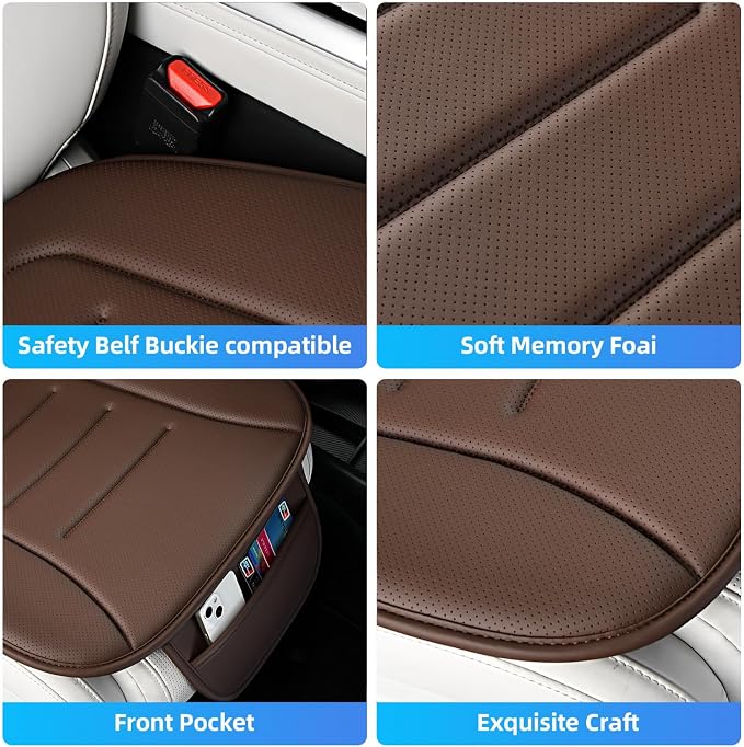 Car Seat Cushion, Comfort Memory Foam Car Cushions for Driving, Breathable Leather Surface with Anti Slip Rubber Bottom, Seat Cushion for Car and Office Chair (2 Pack, Brown)