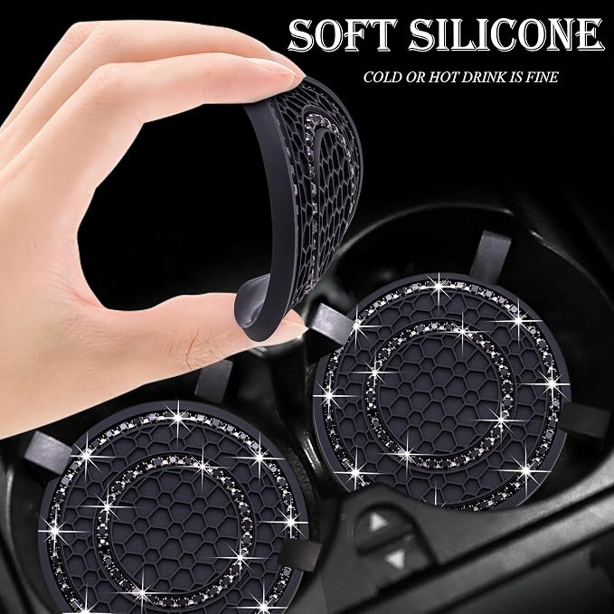 2PCS Bling Crystal Rhinestone Cup Holder Coaster, 2.75 inch Soft Silicone Anti-Slip Shockproof, Car Cup Holder Insert Coasters, Universal Car Interior Accessories for Women (Black)
