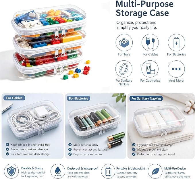 Clear Hard Plastic Zipper Case,Transparent Double Zippers Hard Pouch with 3pcs,Portable Travel Organizer Bin for Toy Storage