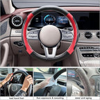 Black and Red Line Punching Car Steering Wheel Cover, Microfiber Leather Sports, 14.5-15 in Universal Leather Wheel Covers, Breathable Fashion Anti-Slip, Steering Wheels Accessories for Men Women