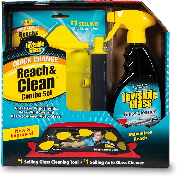 99050 Reach & Clean Glass Windshield Cleaner Tool Combo Kit with Premium Spray Glass Cleaner, Extendable Handle, (2) Reusable Quick Change Microfibers, and Storage Bag