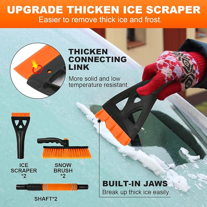 2 Pcs Ice Scrapers for Car Windshield, 2-in-1 Snow Scraper and Snow Brush for Car SUV Truck, Car Ice Windshield Scraper for Ice and Snow with 360° Pivoting Brush and Ergonomic Foam Grip Orange