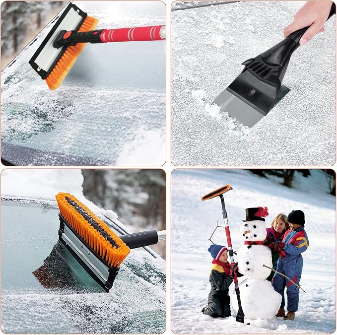 62.4" Extendable Ice Scraper Snow Brush with Squeegee for Windshield Window Car Trucks SUVs, 270° Pivoting Brush Head, Essential Winter Tool Ice Snow Remover with Comfortable Foam Grip
