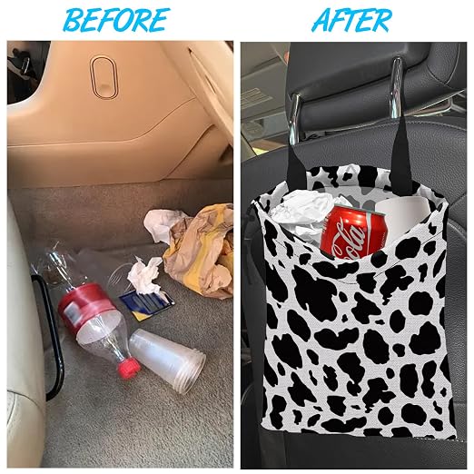 Car Trash Bag Cow Texture Car Garbage Bag Hanging Car Trash Can for Back Seat with Drawstring, Waterproof Garbage Bags for Accessories Vehicle Travelling Camping Outdoor