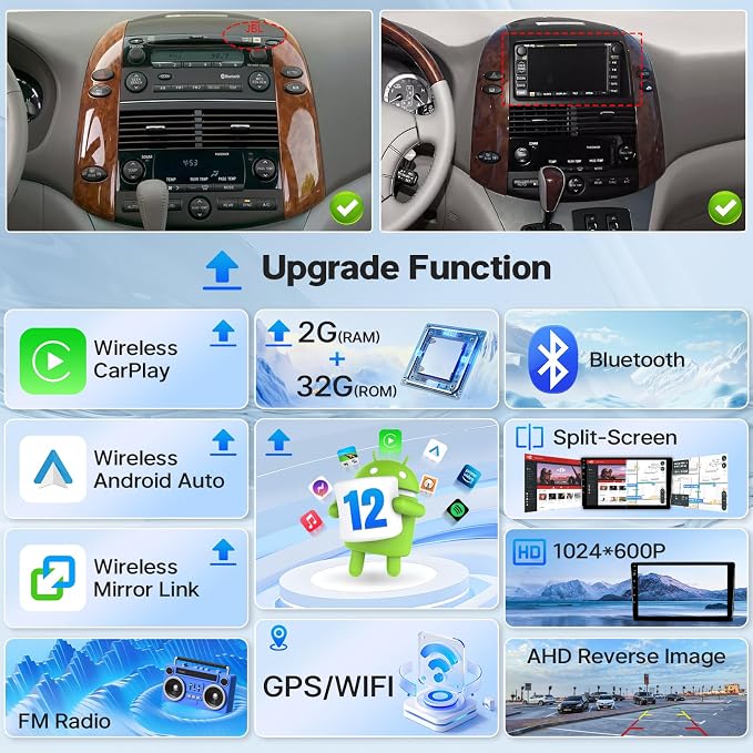 Radio for Toyota Sienna 2004-2010 (FIT JBL. and Big Screen) Stereo Wireless Carplay Android Auto, 9” Touch Screen for Sienna Android Bluetooth/Voice Control/GPS/WiFi/Back-up Camera/SWC/FM