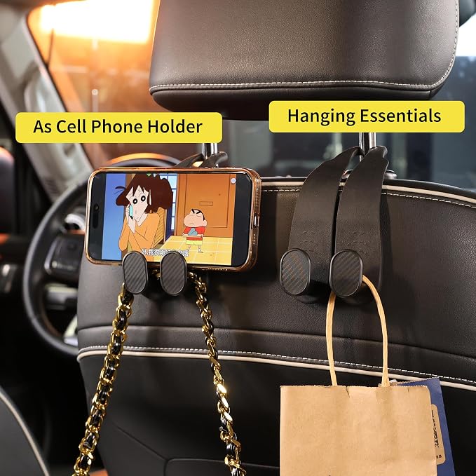 Purse Hook for Car Headrest, Silicone Car Seat Back Storage Hook, Twin Hooks Carbon Fiber Textured Car Headrest Hangers, Bag Holder for Sedan, Trucks, SUVs, Most Vehicles (Black-2PCS)