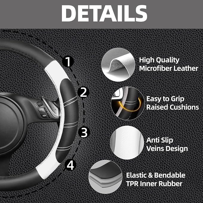 6 Pcs White Car Accessories Set, Sport Leather Steering Wheel Cover 14.5-15inch Universal, Microfiber Leather Car Center Console Cover, Seat Belt Cushion, Cup Holder Coaster (Black-White)