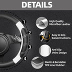 6 Pcs White Car Accessories Set, Sport Leather Steering Wheel Cover 14.5-15inch Universal, Microfiber Leather Car Center Console Cover, Seat Belt Cushion, Cup Holder Coaster (Black-White)