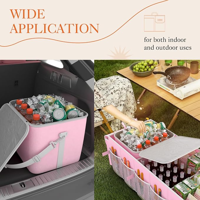 Trunk Organizer, Sturdy Foldable with Cooler for Car & SUV, 3 Compartments, Pink, 30.90”×12.60”×10.63”