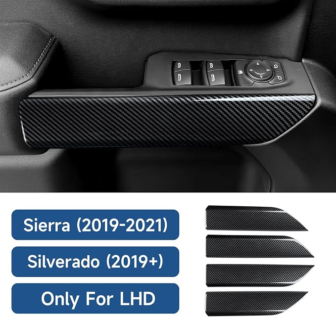 Car Inner Door Handrail Handle ABS Carbon Fiber Sticker Cover Interior Trim for 2019-2025 Chevy Silverado | for 2019-2021 GMC Sierra 1500 2500 3500 HD Decal Accessories （Crew Cab, Style A