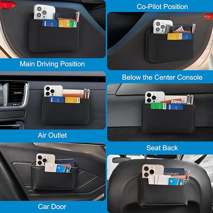 2pcs Universal Car Side Pocket Organizer, PU Leather Car Pocket Pouch Cell Phone Sunglasses Holder Organizer Accessories for Car Seat, Door, Window, Console