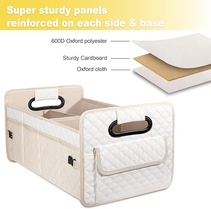 Car Trunk Organizer for SUV, Car Storage Organizer Collapsible Multi Compartment Container Box, Adjustable Car Accessories for Women/Men, Large Beige
