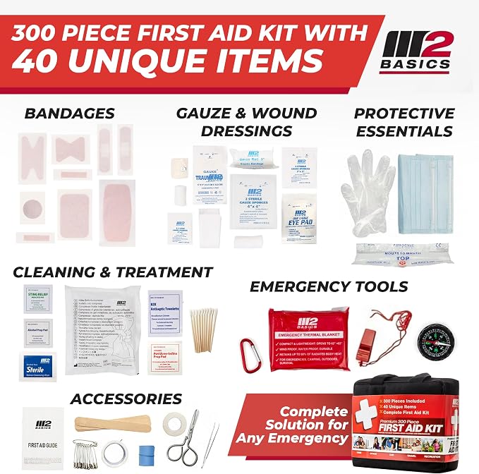 300 Piece Premium First Aid Kit w/Durable Bag for Home, Business | Office, Workplace, Car, Garage, Kitchen, Family, Classroom, Jobsite, Warehouse, School, Vehicle And Emergency Preparedness