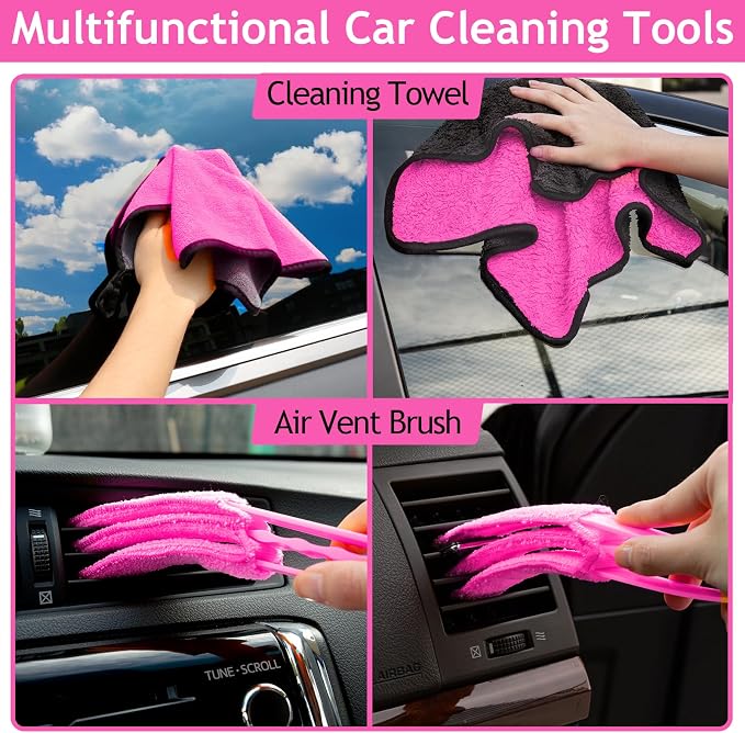 Pink Car Duster Interior Kit, Perfect Car Detailing Brush Kit for Cleaning Windows,Windshield,Dashboard and Air Vents Suitable for All Cars
