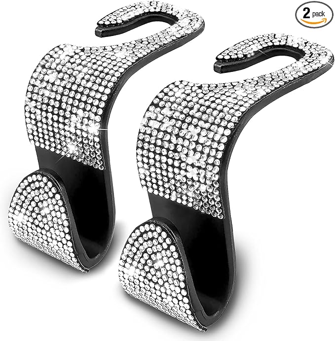 2PCS Car Seat Hooks, Bling Rhinestone Headrest Hooks, Universal Bling Car Interior Accessories, for Handbag, Clothes, Purse, Water Bottle (White)