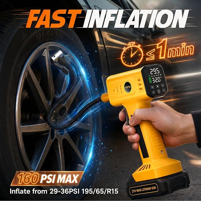 Tire Inflator Portable Air Compressor, Fast Inflation, 160 PSI Cordless Tire Inflator with 21V Rechargeable Battery & 12V Car Power Adapter, Air Pump for Car Tires, SUV, Motorcycle, Bike, Ball