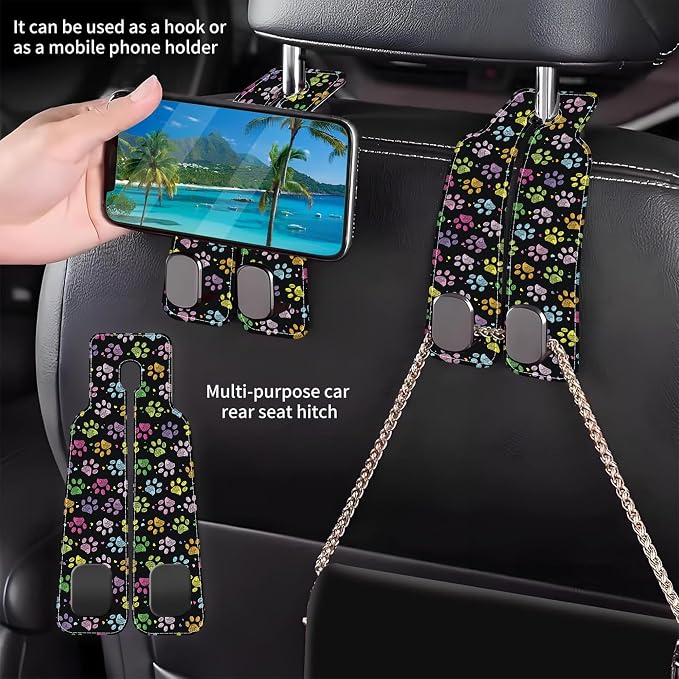 Car Headrest Purse Hanger Colorful Paw Prints 1 Pack Bag Purse Holder for Car Premium Leather Double Metal Hook for Handbags, Grocery Bags and Phones