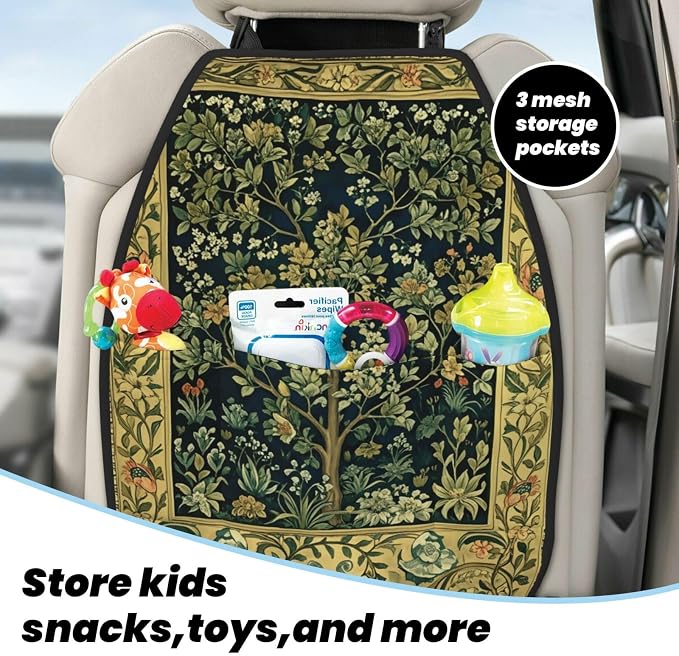 William Morris Greenery Forest Tree Floral Animals Blue Green Car Seat Back Kick Protectors Kick Mats With Storage Pockets For Vehicles To Protect From Dirt Mud Scratches 2 Pack