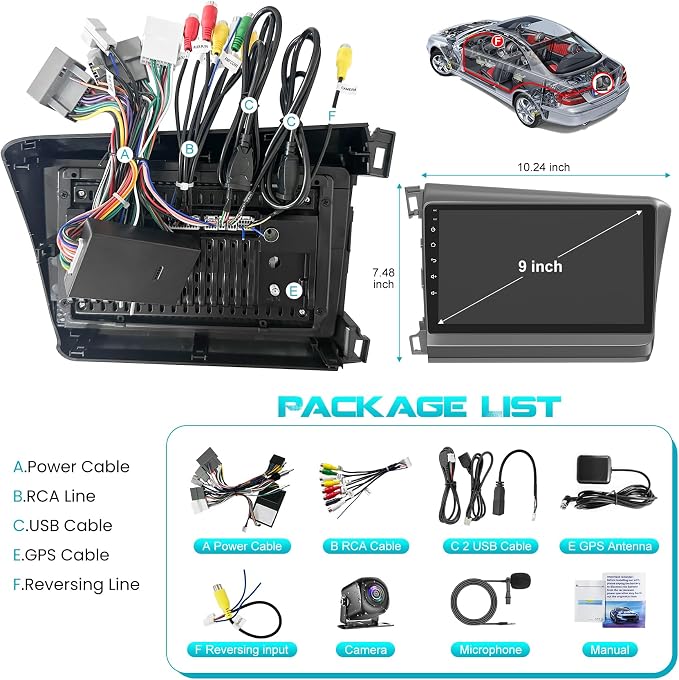 Car Radio Stereo for Honda Civic 2012 2013 2014 2015 | 4G+64G Android,with Wireless Carpaly & Android Auto,9 Inch Touch Screen, GPS Navigation,Bluetooth 5.2,FM Radio,Backup Camera
