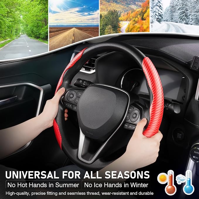 Steering Wheel Cover, Carbon Fiber Steering Wheel Cover, Car Steering Wheel Cover for Men/Women, Anti-Slip, Comfortable Grip, Durable, Universal for 99% Car Interior Accessories (Red)