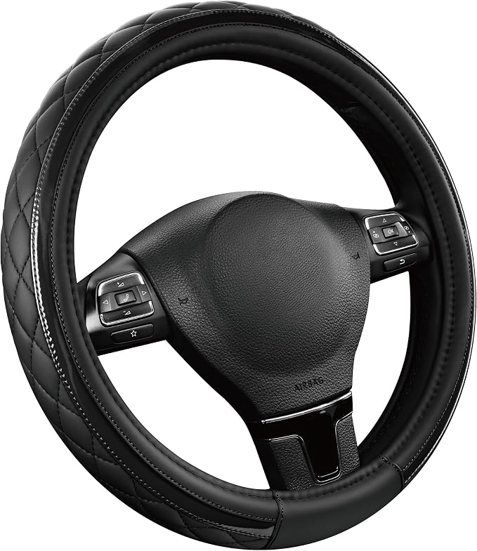 Leather Steering Wheel Cover – Black & Black, Universal Fit 14.5-15 Inch, Microfiber Leather, Anti-Slip & Breathable Design for Men and Women