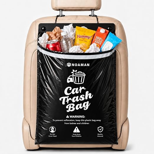 50PCS 1 Pack Car Trash Bags, 2.5 Gal Disposable Garbage Bags for Car, SUV, Truck and RV, Leak-Resistant Odor-Control Bags, Stick-On or Headrest Mount, Alternative to Car Trash Can, Black