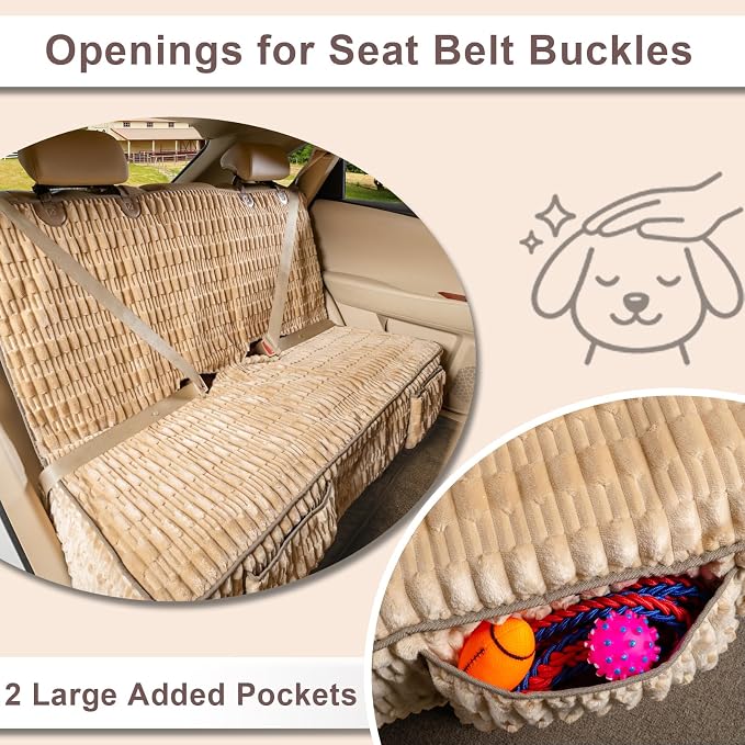 Dog Car Seat Cover for Back Seat, Soft Plush Waterproof Pet Protector with Non-Slip Bottom, Full Coverage Bench Cover Against Hair, Dirt and Scratches for Cars SUVs and Trucks (Tan, Back)