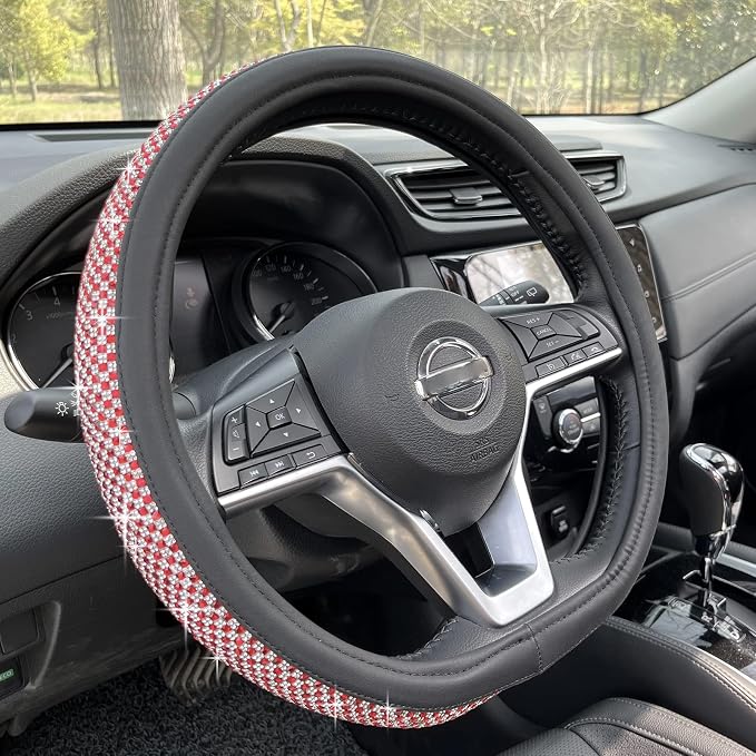 D Shaped Bling Comfy Steering Wheel Cover with Jumbo Crystal Rhinestones, Anti-Slip Diamond Leather, Flat Bottom 14.5-15 Inch (Red)
