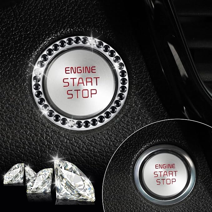 2 PCS Crystal Rhinestone Car Engine Start Stop Decoration Ring, Bling Car Interior Accessories for Women, Push to Start Button Cover Sticker, Automotive Decals, Black
