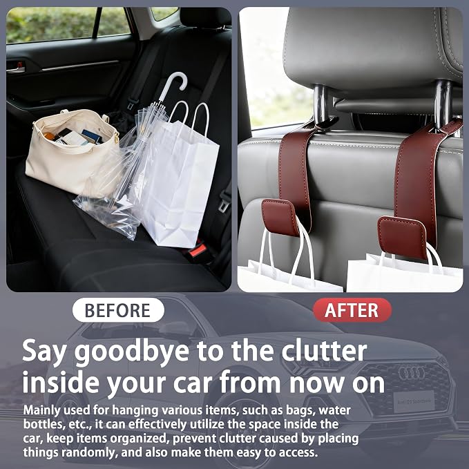 Leather Car headrest Hook for Purses and Bags (Black, 2pcs) | Leather wrap hook with Larger strap holder, friendly to your leather purse. Strong load up to 44lbs.