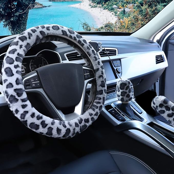 Fuzzy Steering Wheel Cover for Women Girls, Universal Fit Fur Car Wheel Cover & Handbrake Cover & Gear Shift Cover Set, Leopard Winter Warm Fluffy Vehicle Wheel Protector for Auto, SUV