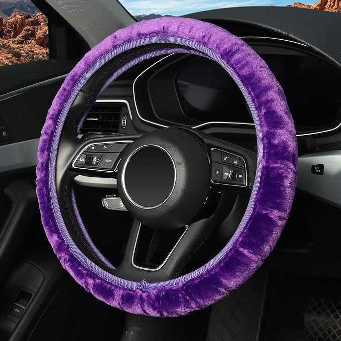 Purple Elastic Fuzzy Steering Wheel Cover, Microfiber Plush Steering Wheel Cover for Woman Girl,Winter Warm, Universal 15 inch
