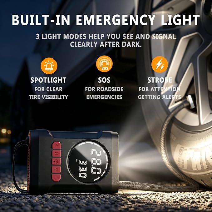 R6 12V DC Tire Inflator Portable Air Compressor, Car Air Pump with Dual Digital Display, Preset Pressure, Auto Shut-Off, 3 Light Modes, Plug-In Tire Pump for Cars, Motorcycles, Bikes, Balls