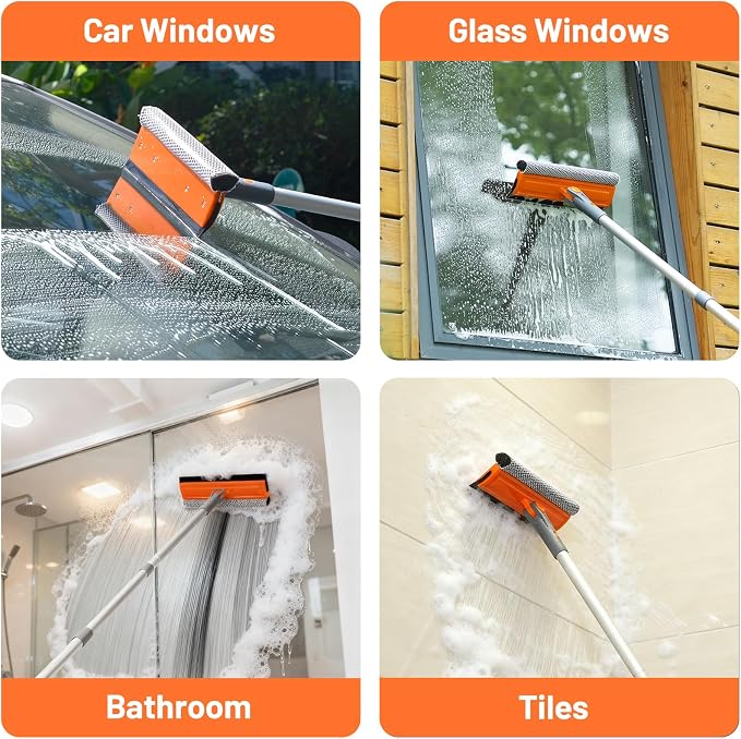 46'' Professional Window Cleaner Tool, 2-in-1 Rotatable Squeegee for Window Cleaning Kit, Window Washing Equipment Kit with Threaded Extension Pole(20''-46'') for Shower/Windshield.