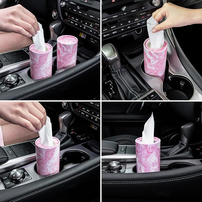 Car Tissue Holder, 4 Pack Car Cup Holder Facial Tissues with Travel Tissue Bag, Quick and Convenient Flower Combination Car Tissue Box(4 Canisters/200 Tissues) Pink