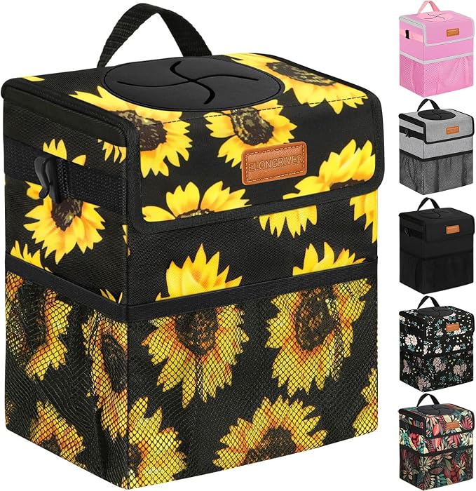 Car Trash Can Bin for Back Seat Leak Proof, Cute Car Trash Bag Hanging, Vehicle Trash Can for SUV Truck Van, Automotive Garbage Cans Front Seat Sunflower Floral