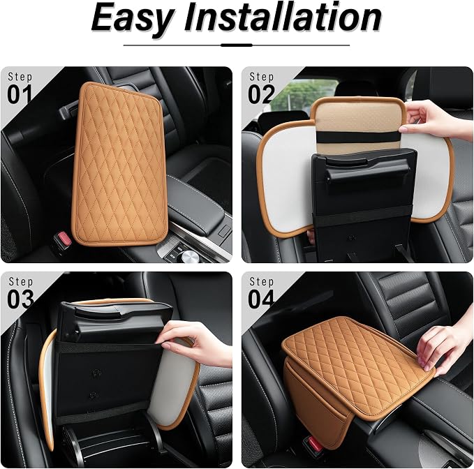Car Center Console Cover, Upgraded Leather Car Armrest Cushion with 2 Storage Pockets, Universal Waterproof Cushion Pad, Non-Slip Car Interior Accessories, Fits Most Sedans SUVs Trucks (Orange)